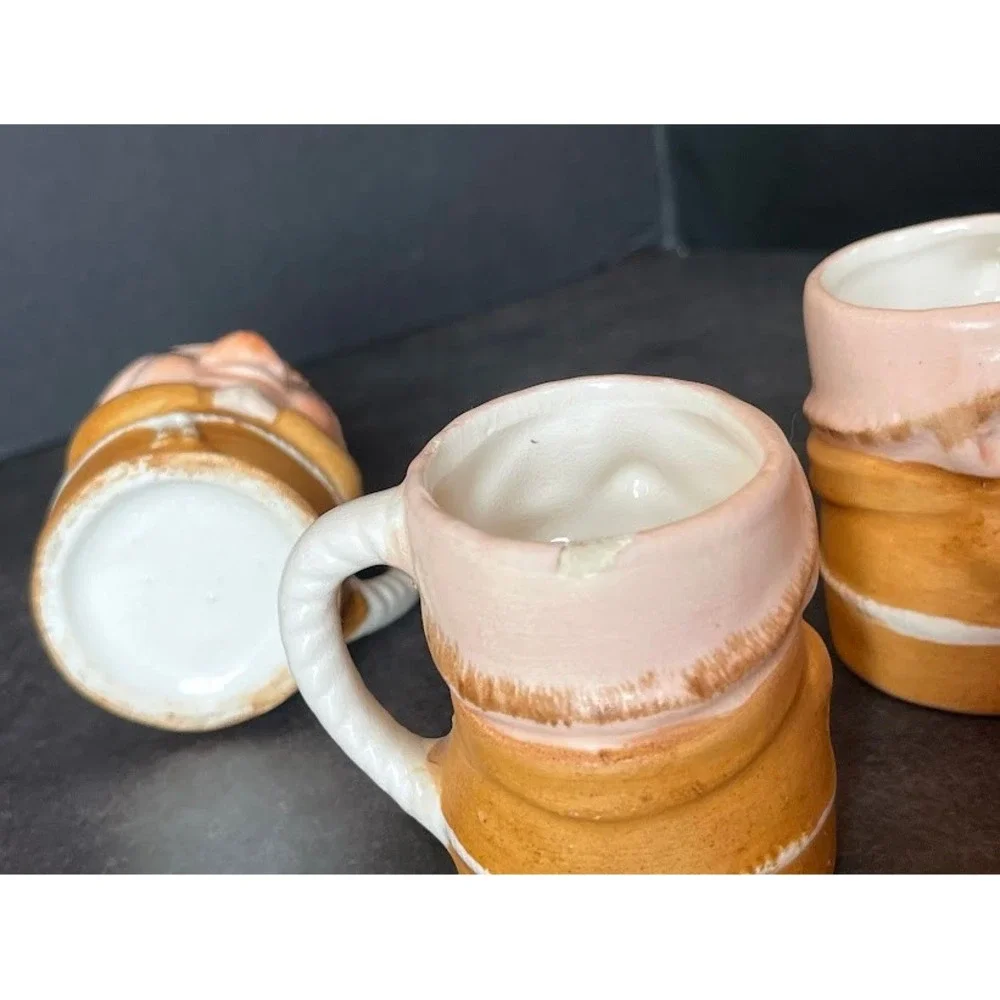 Vintage Praying Friar Monk Ceramic Decanter and 5 Shot Glass Mugs Set Tan